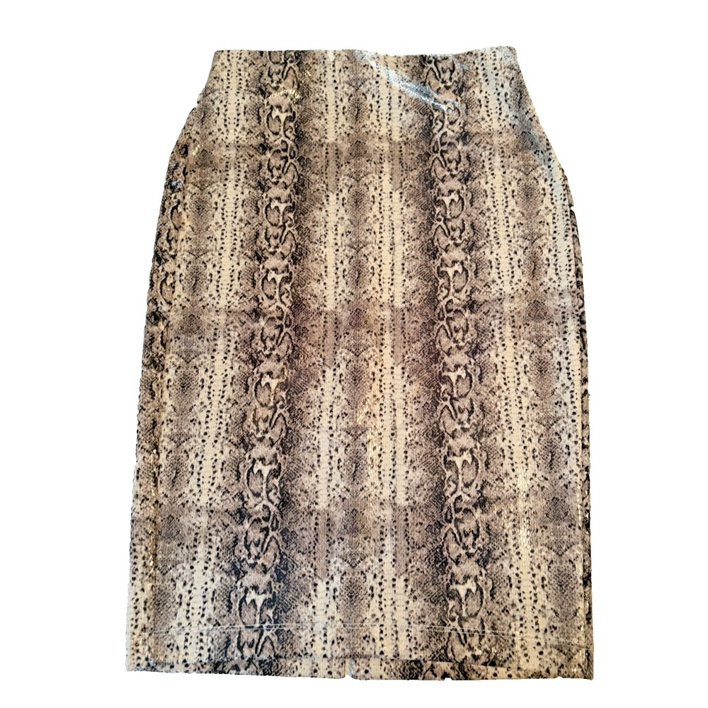 New Express Faux Leather Snake Print Cream & Brown Pencil Skirt Sz XS Stretch